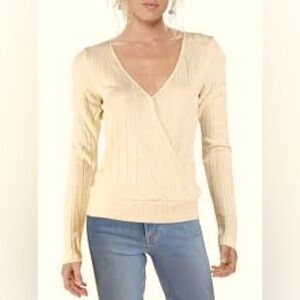 New Sanctuary Polina ballerina ballet-core ribbed surplice faux-wrap small cream